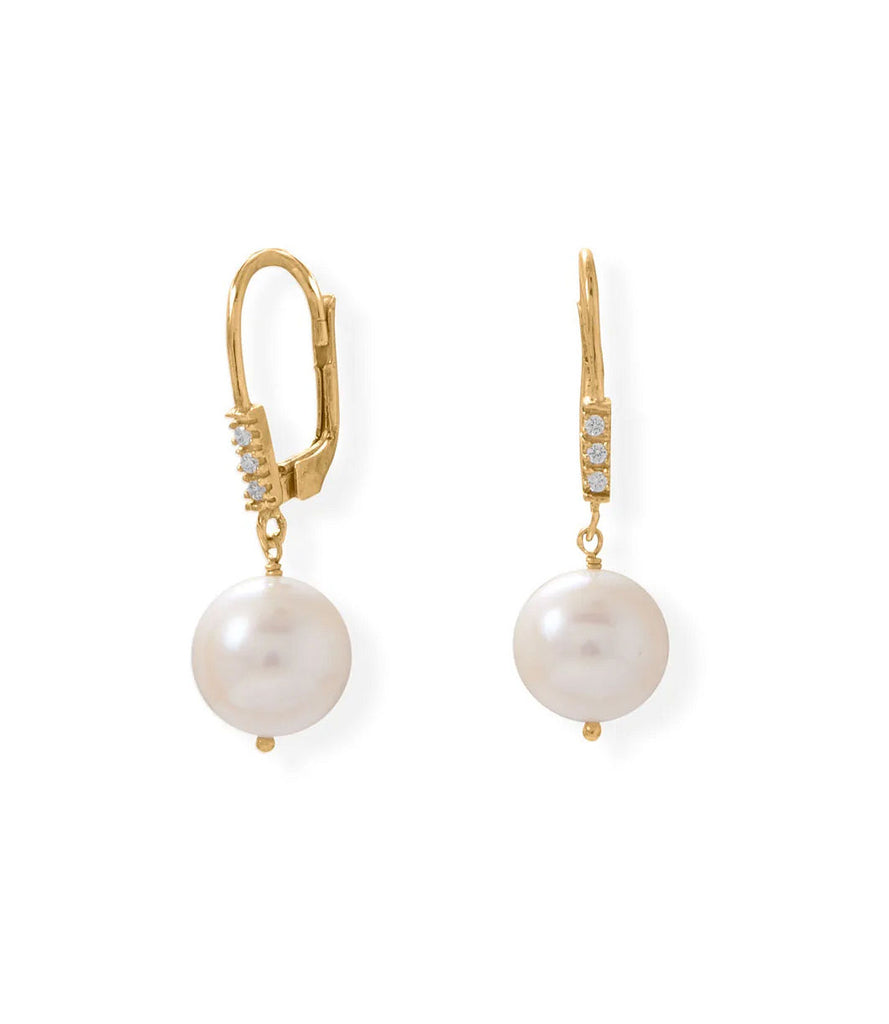 Cultured Freshwater Pearl and Cubic Zirconia Lever Back Earrings 14k Gold-plated