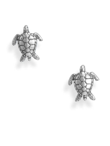 Sea Turtle Stud Earrings Sterling Silver Antiqued Finish