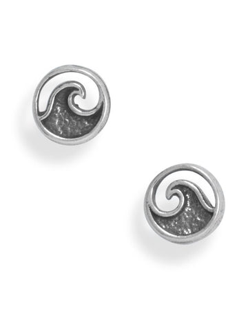 Wave Design Stud Earrings Antiqued Sterling Silver