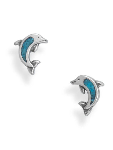 Dolphin Stud Earrings with Turquoise Chips Sterling Silver