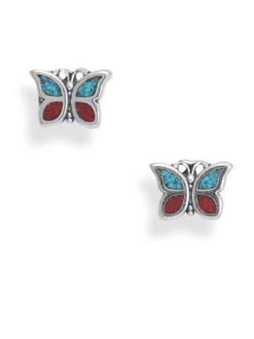 Butterfly Stud Earrings with Turquoise Chips Sterling Silver