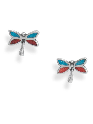 Dragonfly Stud Earrings with Turquoise Chips Sterling Silver