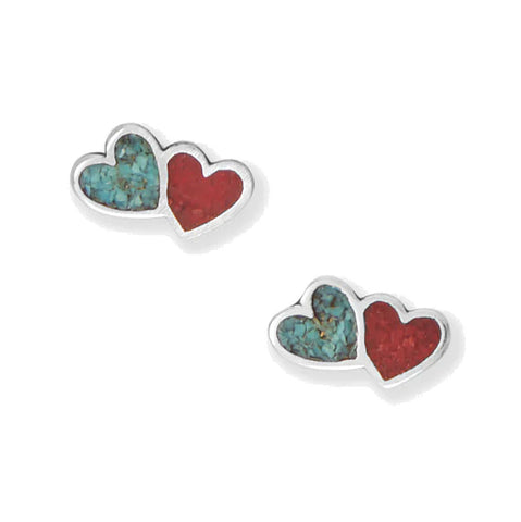Double Heart Stud Earrings Coral and Turquoise Chip Sterling Silver