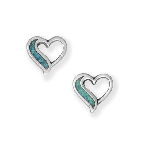 Heart Stud Earrings with Turquoise Chip Inlay