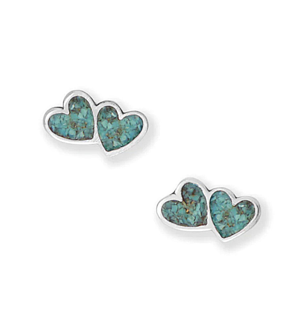 Double Heart Stud Earrings Turquoise Chip Inlay Sterling Silver with Steel Posts