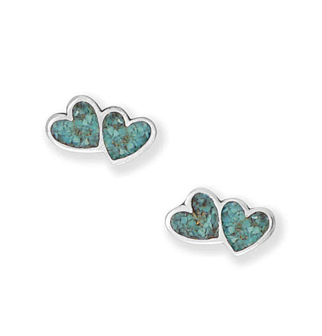Double Heart Stud Earrings Turquoise Chip Inlay Sterling Silver with Steel Posts