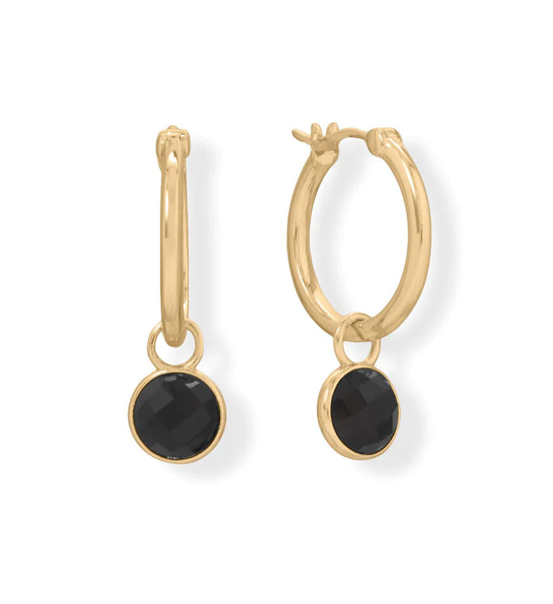14k Gold-plated Hoop Earrings with Removable Black Onyx Charm Drop