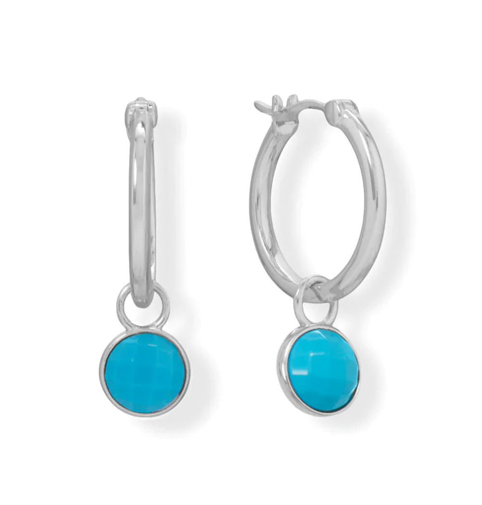Reconstituted Turquoise Dangle Hoop Earrings Rhodium on Sterling Silver