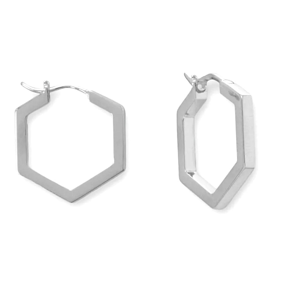 Hexagon Hoop Earrings Rhodium on Sterling Silver
