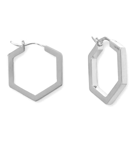 Hexagon Hoop Earrings Rhodium on Sterling Silver