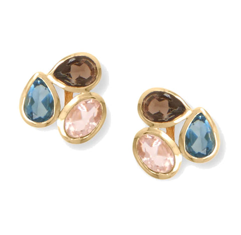 Three Stone Smoky Quartz and Glass Stud Earrings 14k Gold-plated Silver