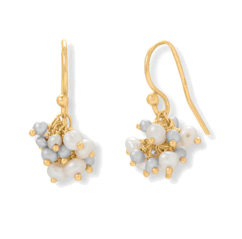 White and Gray Cultured Freshwater Pearl Cluster Earrings 14k Gold-plated Silver