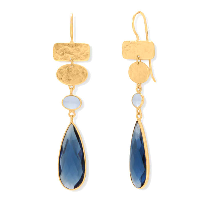 Chalcedony and Dark Blue Glass Dangle Earrings 14k Gold-plated Silver