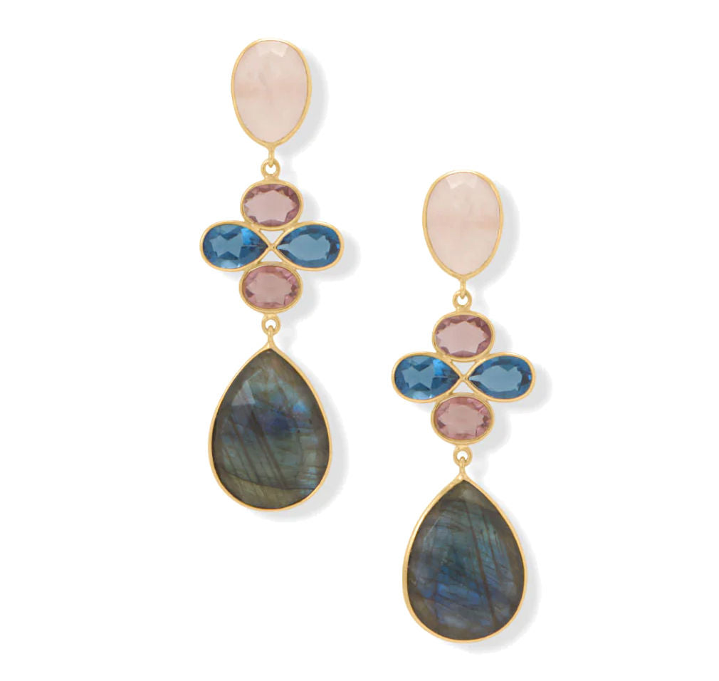 Multistone Earrings with Labradorite, Rose Quartz 14k Gold-plate Sterling Silver