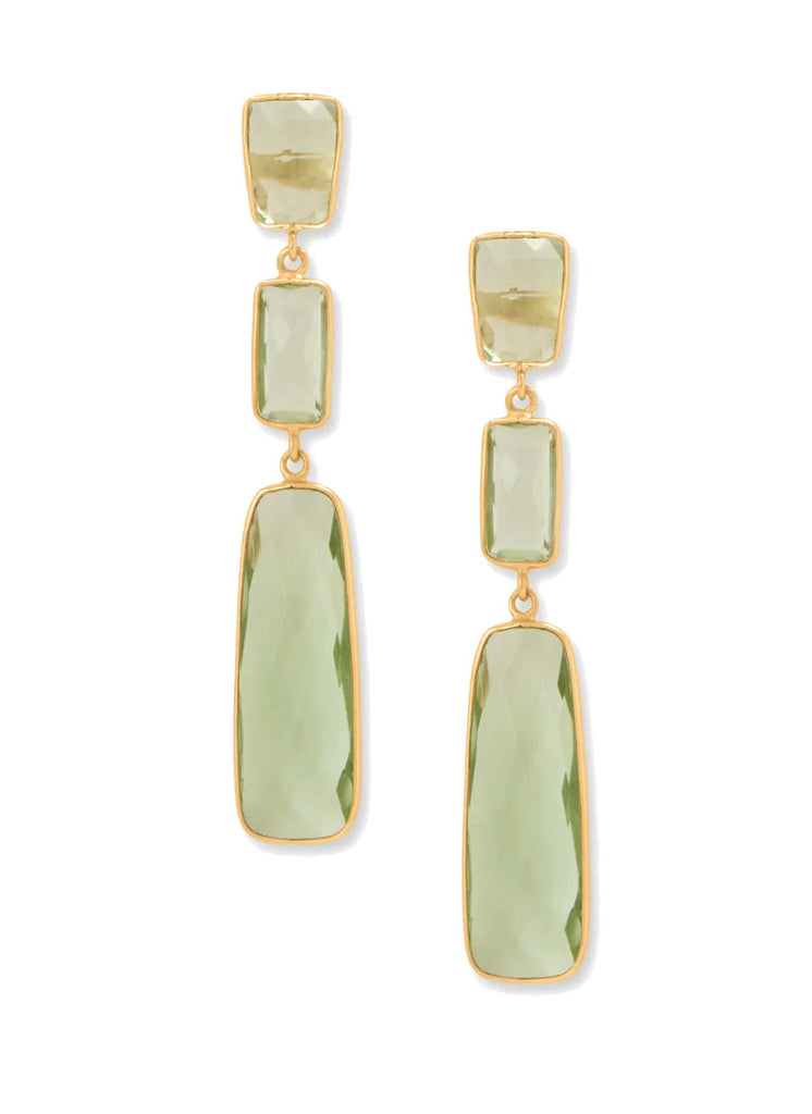 Green Prasiolite Three Stone Dangle Earrings 14k Gold-plated Silver