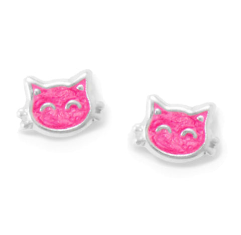 Pink Kitty Cat Face Stud Earrings Sterling Silver with Sparkly Enamel Color