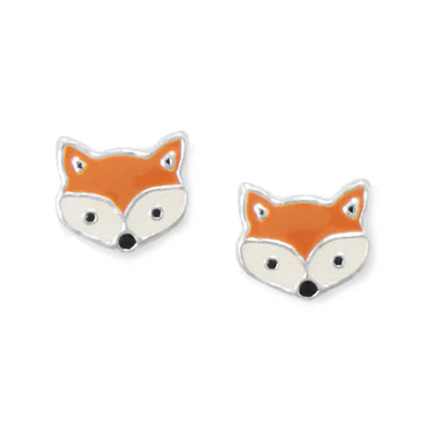 Fox Face Small Stud Earrings Sterling Silver and Enamel Childrens