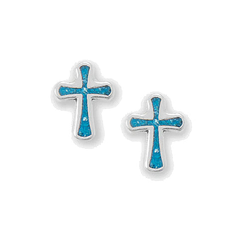 Turquoise Chip Inlay Cross Stud Earrings Sterling Silver