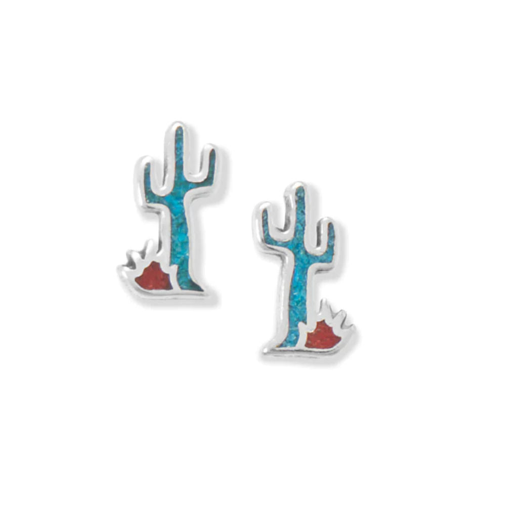 Saguaro Cactus Stud Earrings Turquoise and Coral Chip Inlay Sterling Silver