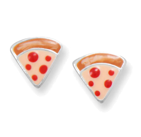 Pepperoni Pizza Slice Stud Earrings Sterling Silver with Enamel Color