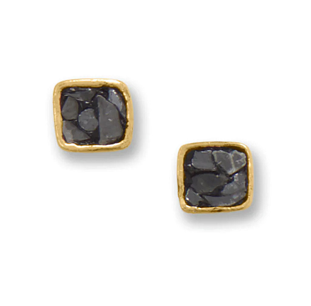 Black Diamond Chip Stud Earrings Square Shape 14k Gold-plated Silver