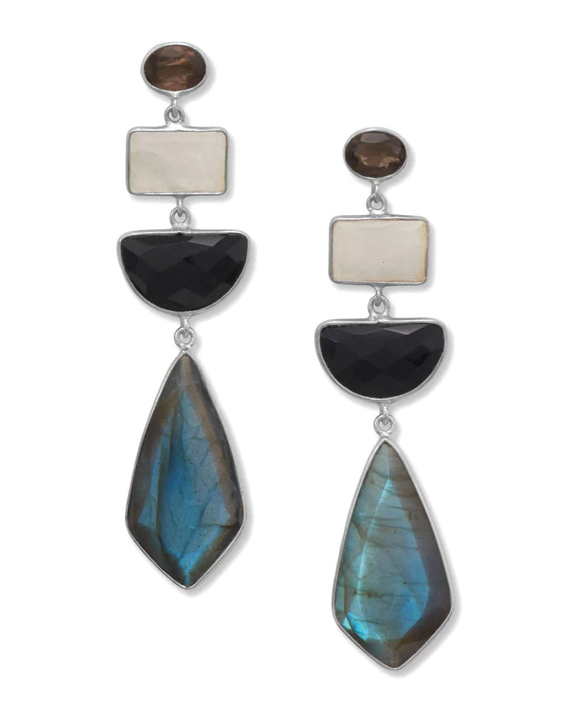 Multistone Geometric Earrings with Smoky Quartz, Rainbow Moonstone, Black Onyx, and Labradorite Rhodium on Silver