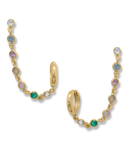 14k Gold-plated Silver Hoop and Post Multi Gemstone Chain Earrings for Double Pierced Ears
