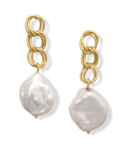 Curb Chain Drop Cultured Freshwater Pearl Earrings 14k Gold-plated Silver