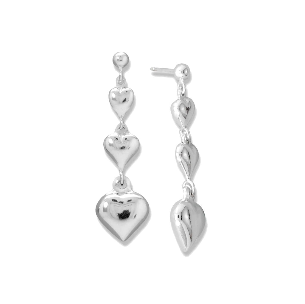 Polished Puffy Triple Drop Heart Earrings 3D Sterling Silver