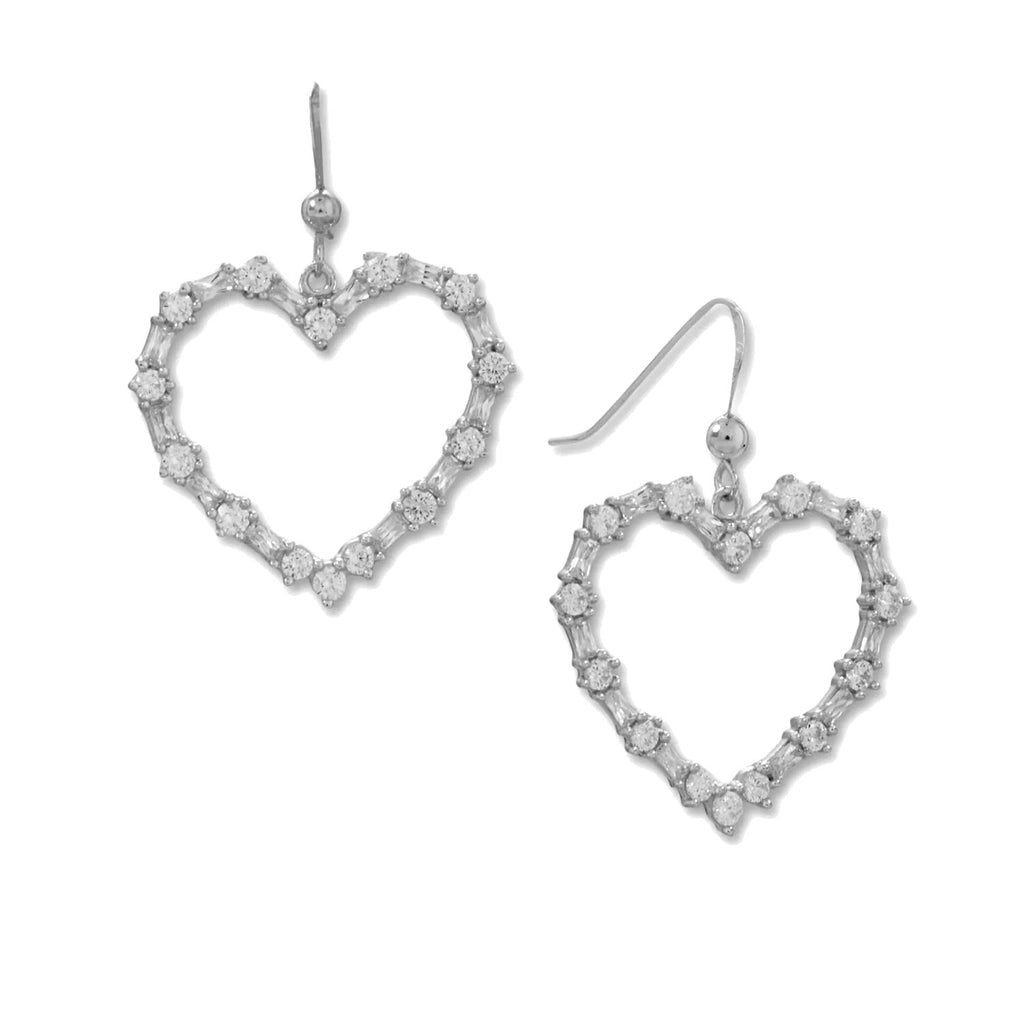 Dangle Heart Earrings with Round and Baguette Cubic Zirconia Rhodium on Silver - Nontarnish