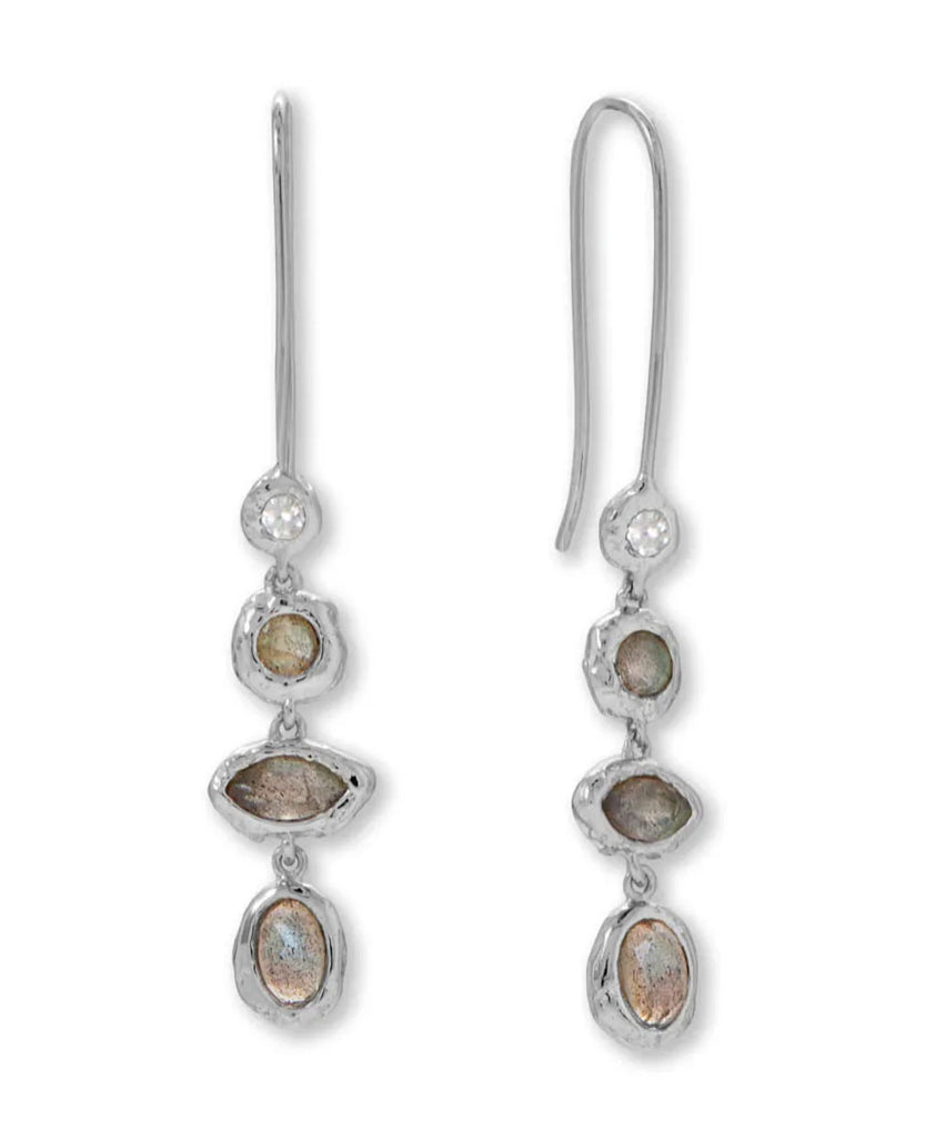 Labradorite Multistone Drop Earrings with Cubic Zirconia Hammered Rhodium on Silver - Nontarnish