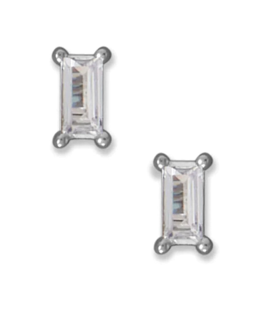 Cubic Zirconia Baguette Cut Stud Earrings Rhodium on Sterling Silver