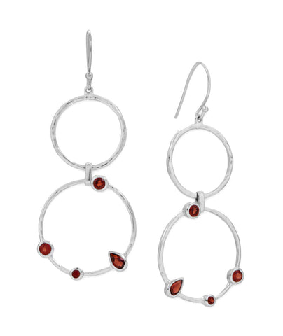 Double Circle Garnet Dangle Earrings Rhodium on Sterling Silver