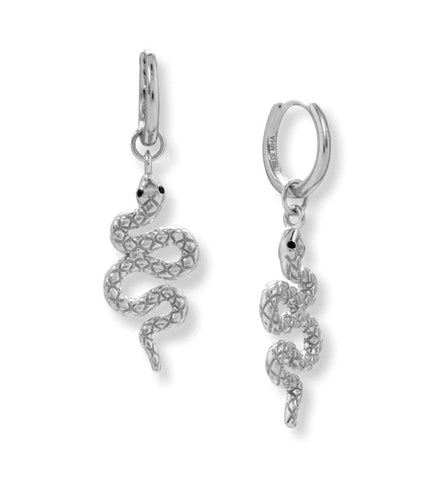 Snake Earrings with 11mm Endless Hoop Black Cubic Zirconia Eye Accents