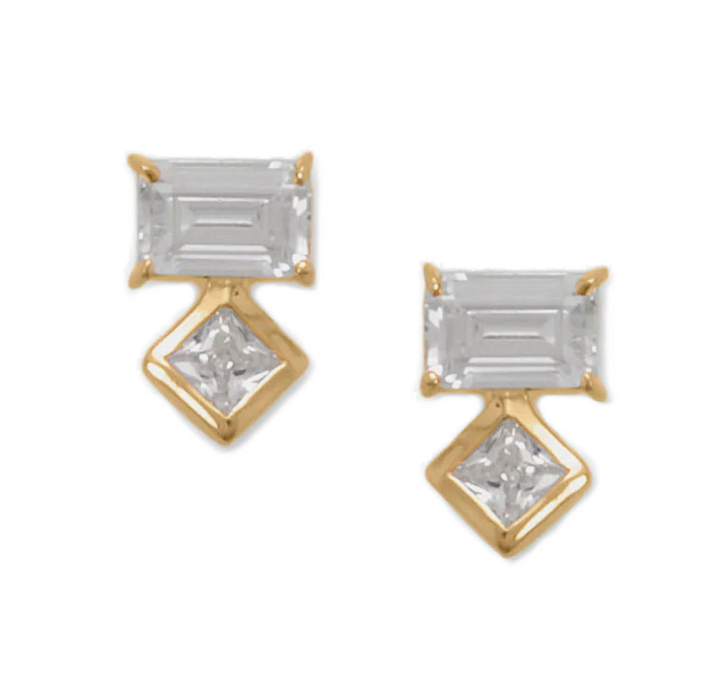 14k Gold-plated Silver Baguette and Square Cubic Zirconia Stud Earrings