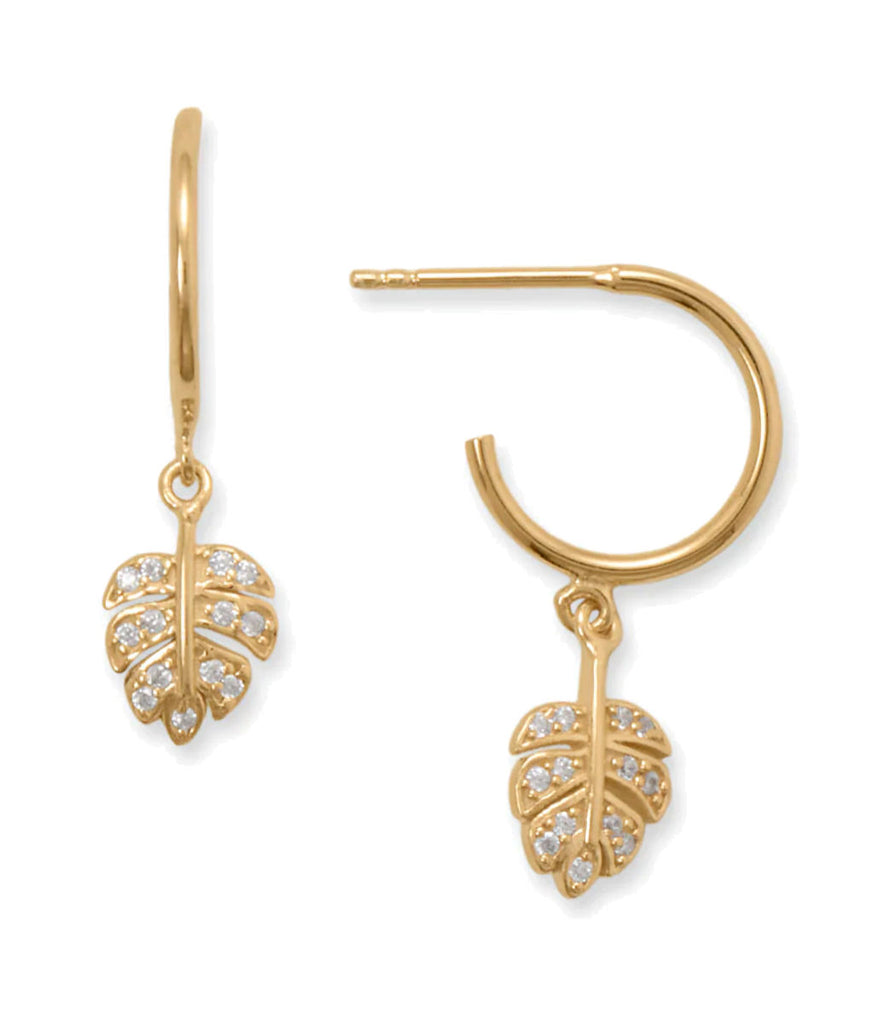14k Gold-plated 3/4 Hoop Earrings with Cubic Zirconia Studded Leaf Charms