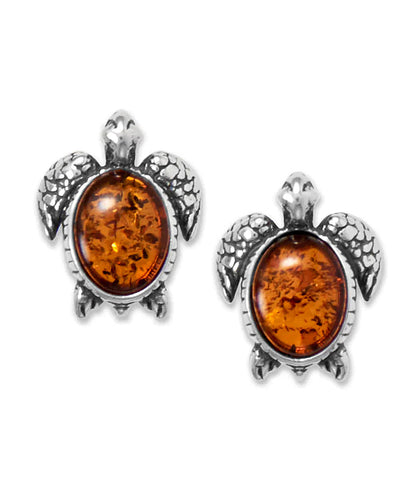 Baltic Amber Sea Turtle Stud Earrings Sterling Silver