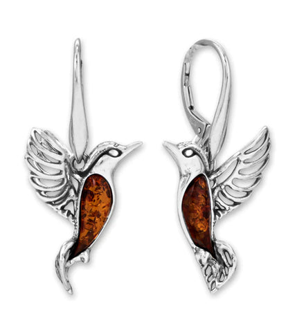 Baltic Amber Hummingbird Earrings Sterling Silver