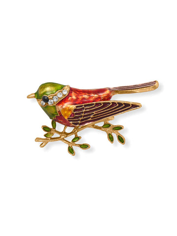 Fashion Sparrow Bird Pin with Crystal Accents Gold Tone