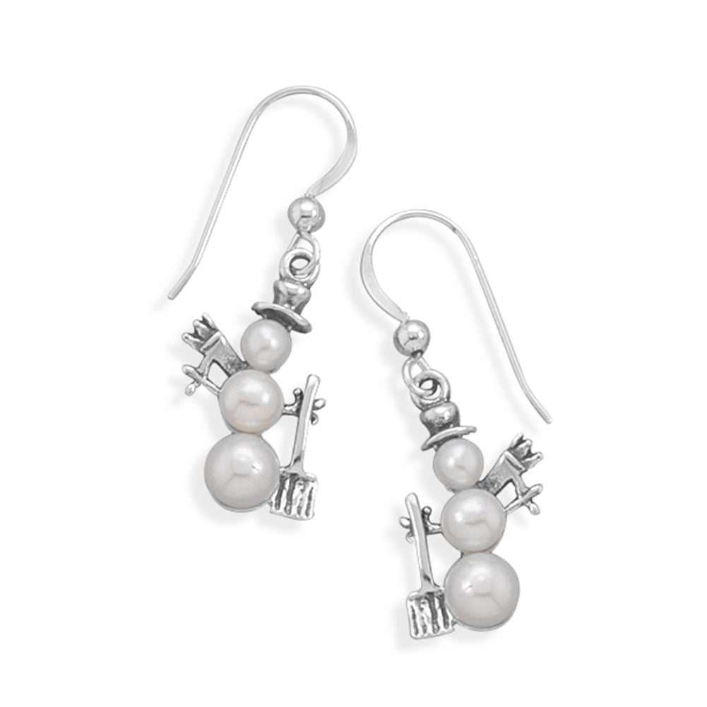 Snowman Earrings with Shovel Winter Christmas Sterling Silver Cultured Freshwater Pearl