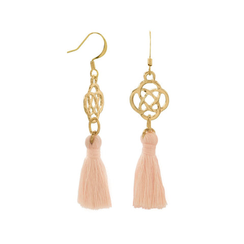 Peach Tassel Earrings with Celtic Knot Design Gold Tone
