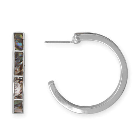 Silver Tone Fashion Hoop Earrings with Genuine Abalone Shell Inlay