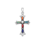 Sterling Silver Fleuree Cross Pendant with Multicolor Marquise Shape Stones