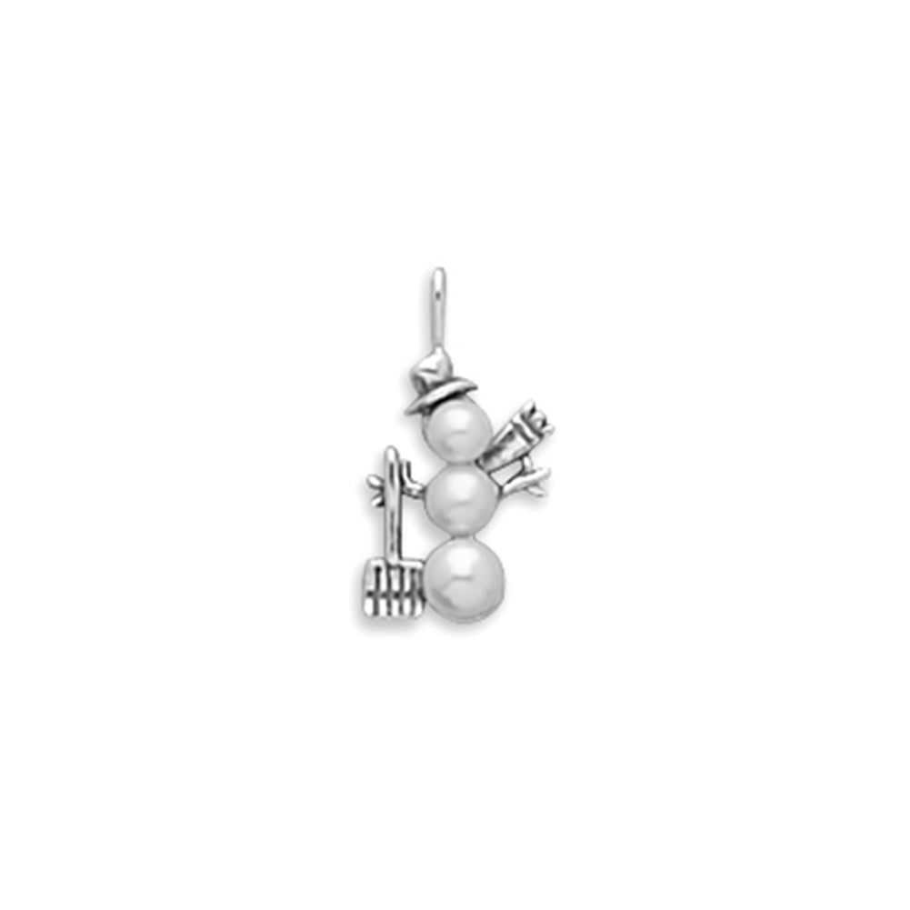 Shoveling Snowman Pendant Charm with White Cultured Freshwater Pearls Sterling Silver