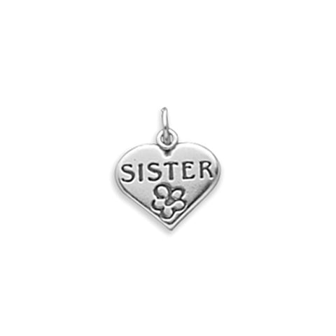 SISTER Heart and Daisy Flower Charm Sterling Silver, Made in the USA