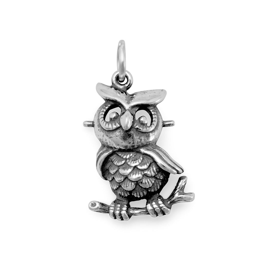 Wise Owl Charm Antiqued Sterling Silver, Made in the USA