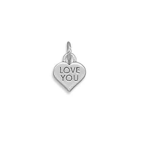 LOVE YOU Small Heart Charm Sterling Silver, Made in the USA