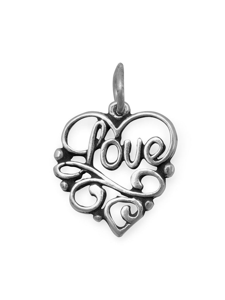 Love Heart Charm Filigree Pendant Sterling Silver, Made in the USA
