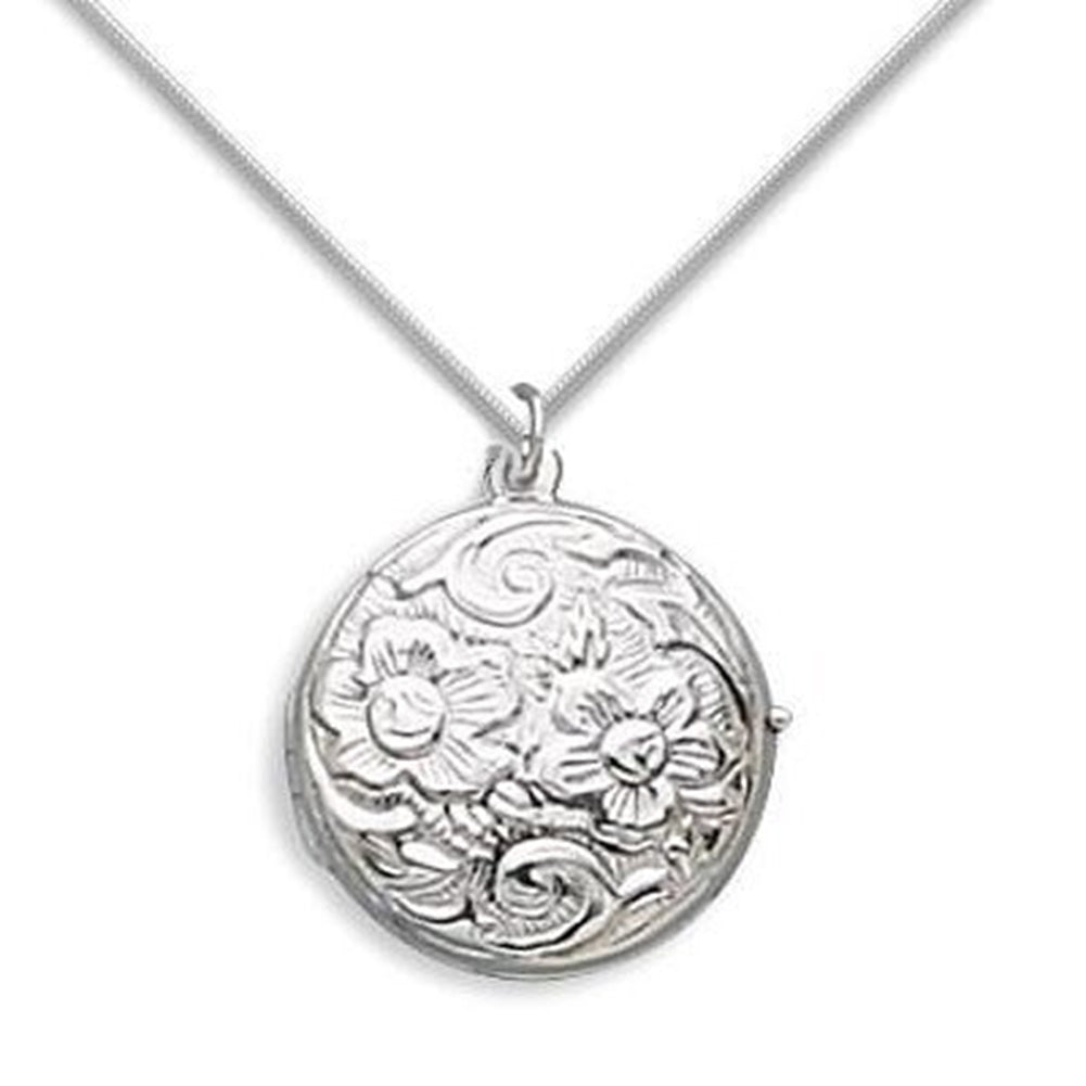Round Floral Design Sterling Silver Double Picture Locket Necklace