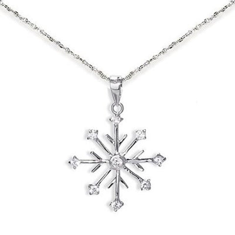 Snowflake Necklace 8-point with 9 CZ Rhodium on Sterling Silver - Includes Chain